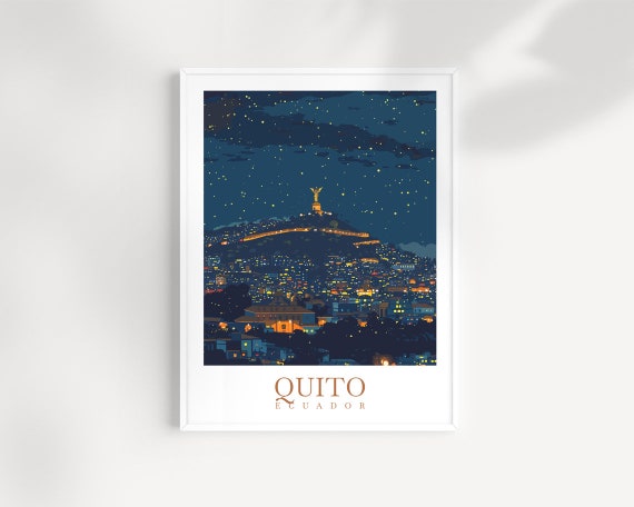 Quito Ecuador Starry Night Cityscape Hill Statue Travel Art Poster