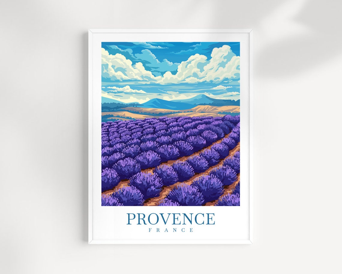 Provence France Lavender Field Rows under Blue Sky Travel Poster