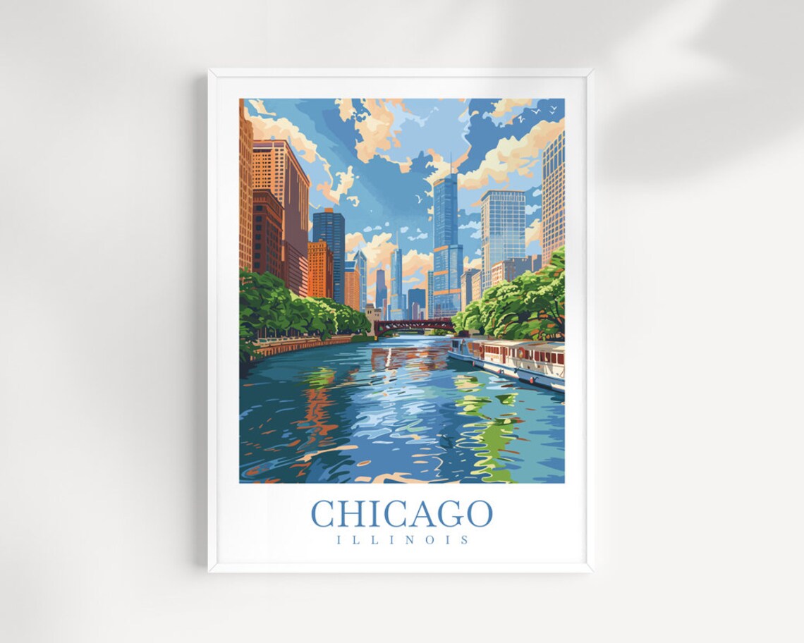 Chicago Illinois Cityscape River Skyline Vintage Travel Poster
