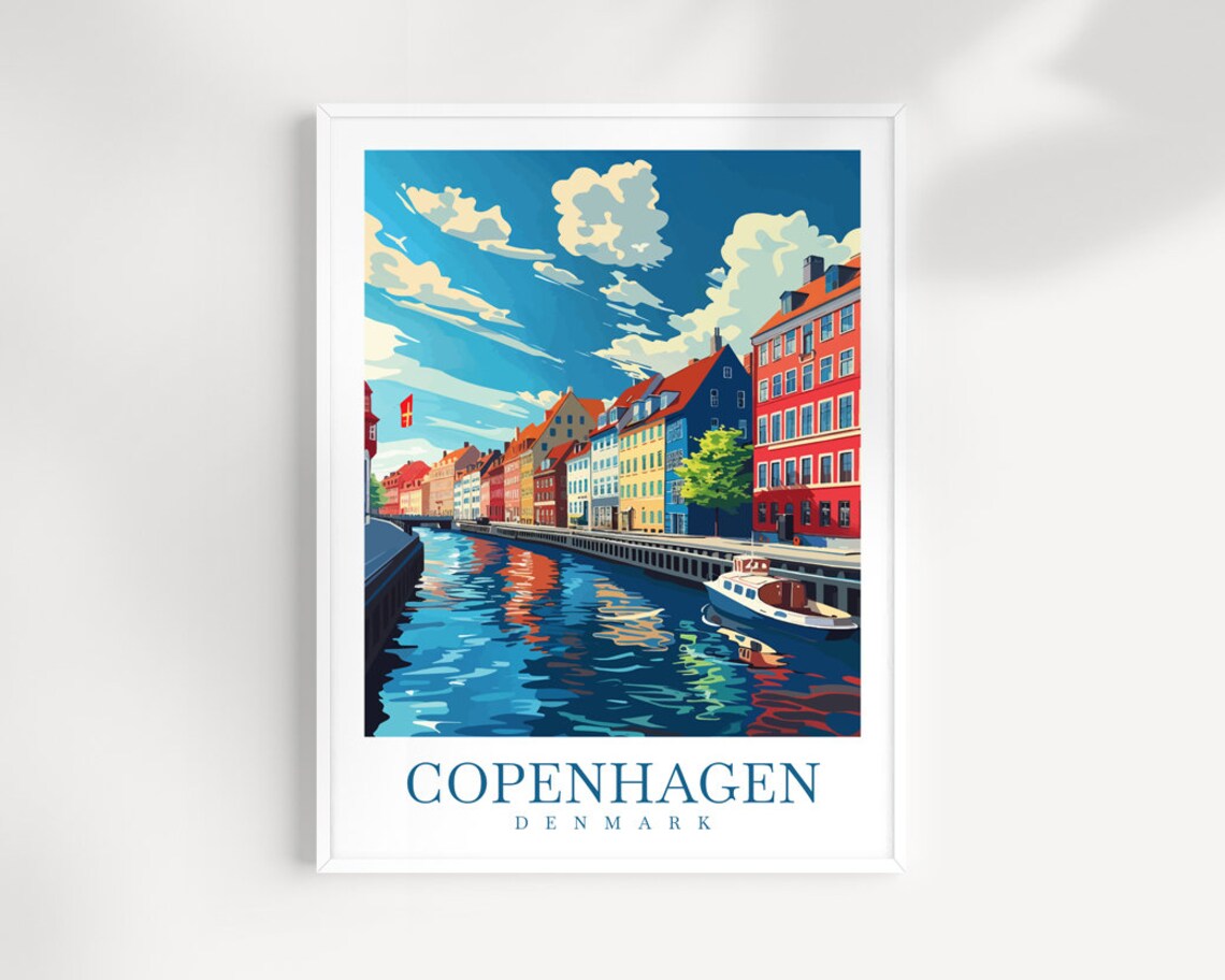 Copenhagen Denmark Sunny Nyhavn Canal With Boat and Flag Poster