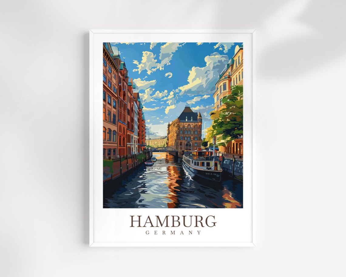 Hamburg Germany Illustrated Canal Cityscape Travel Art Poster