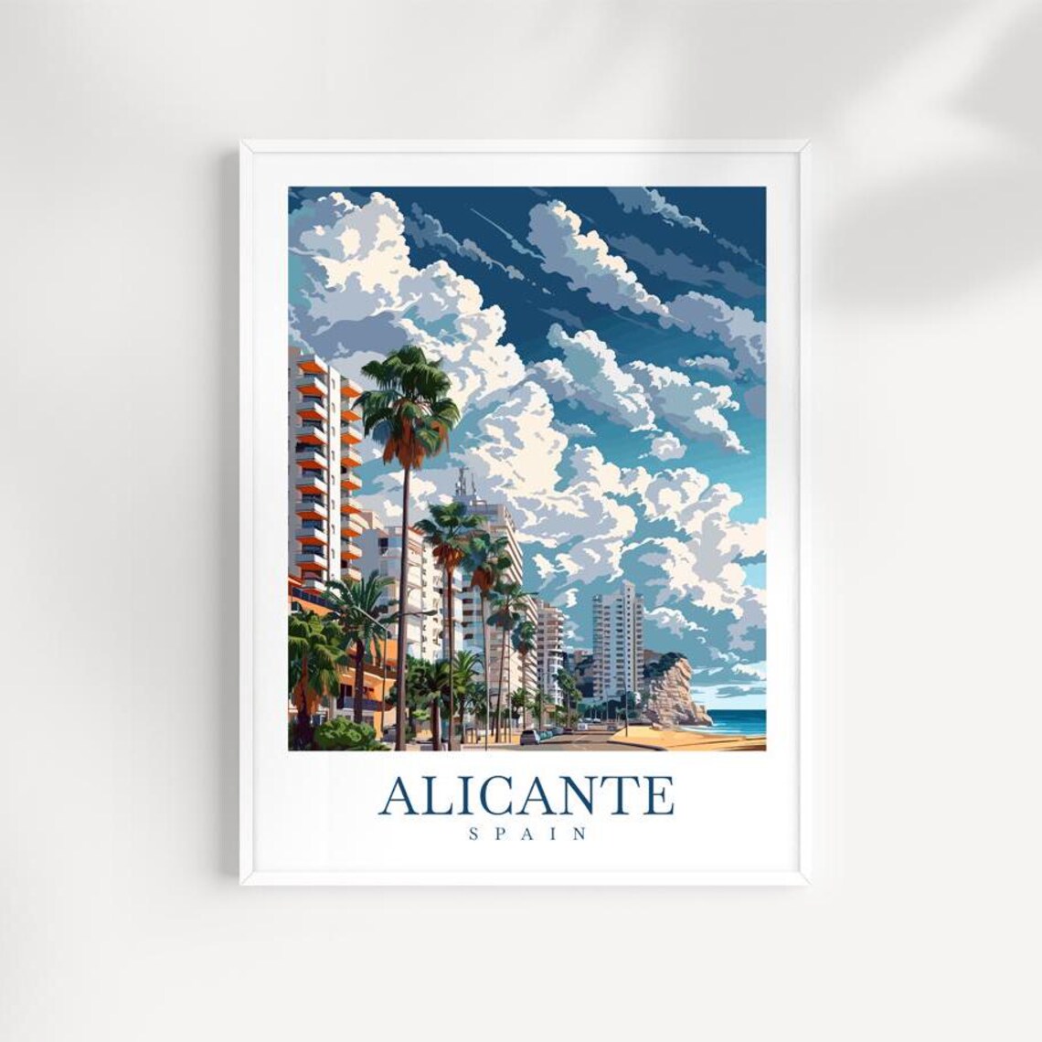 Alicante Spain City Skyline Palm Promenade Beachfront Travel Poster