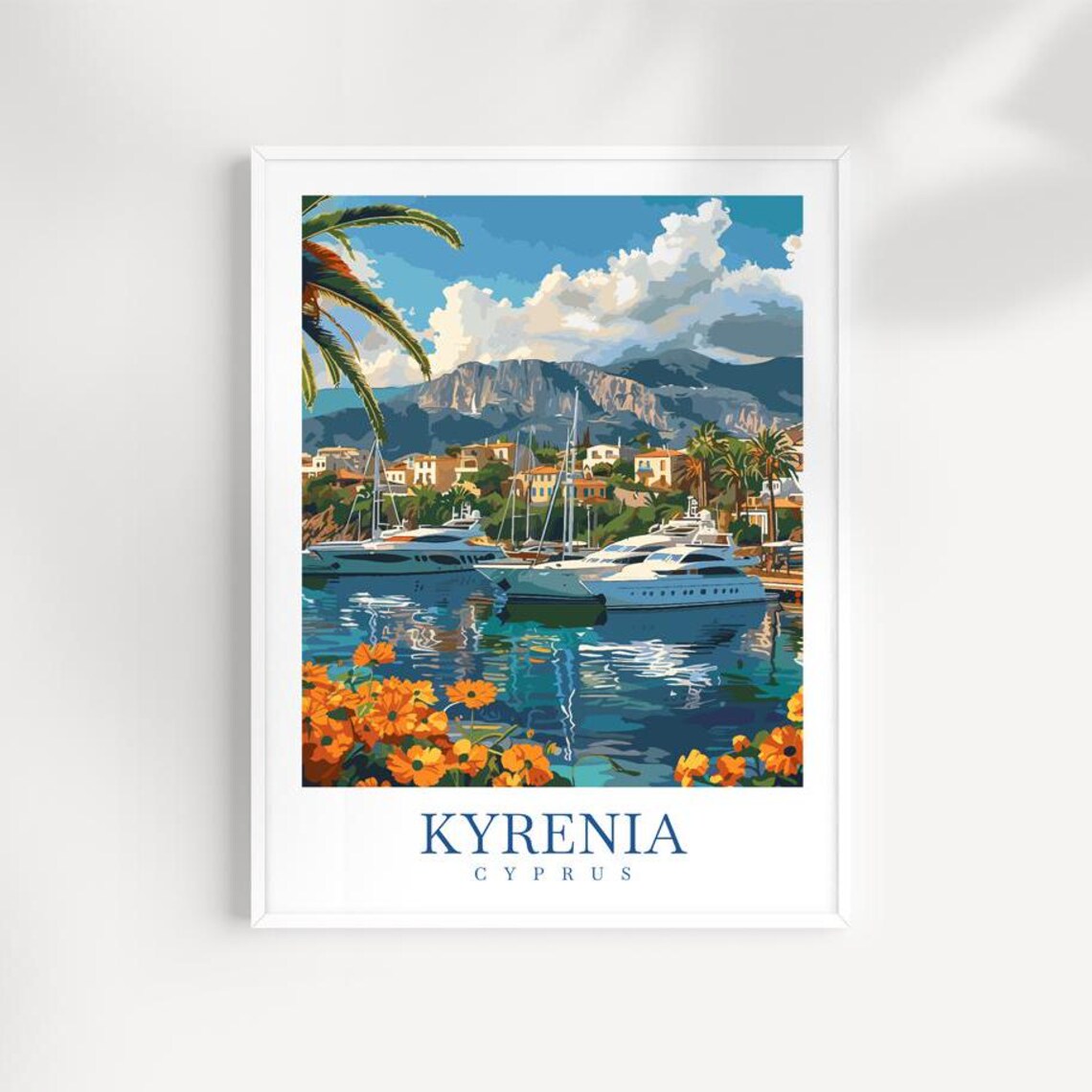 Kyrenia Cyprus Luxury Yacht Marina Mountain View Travel Poster