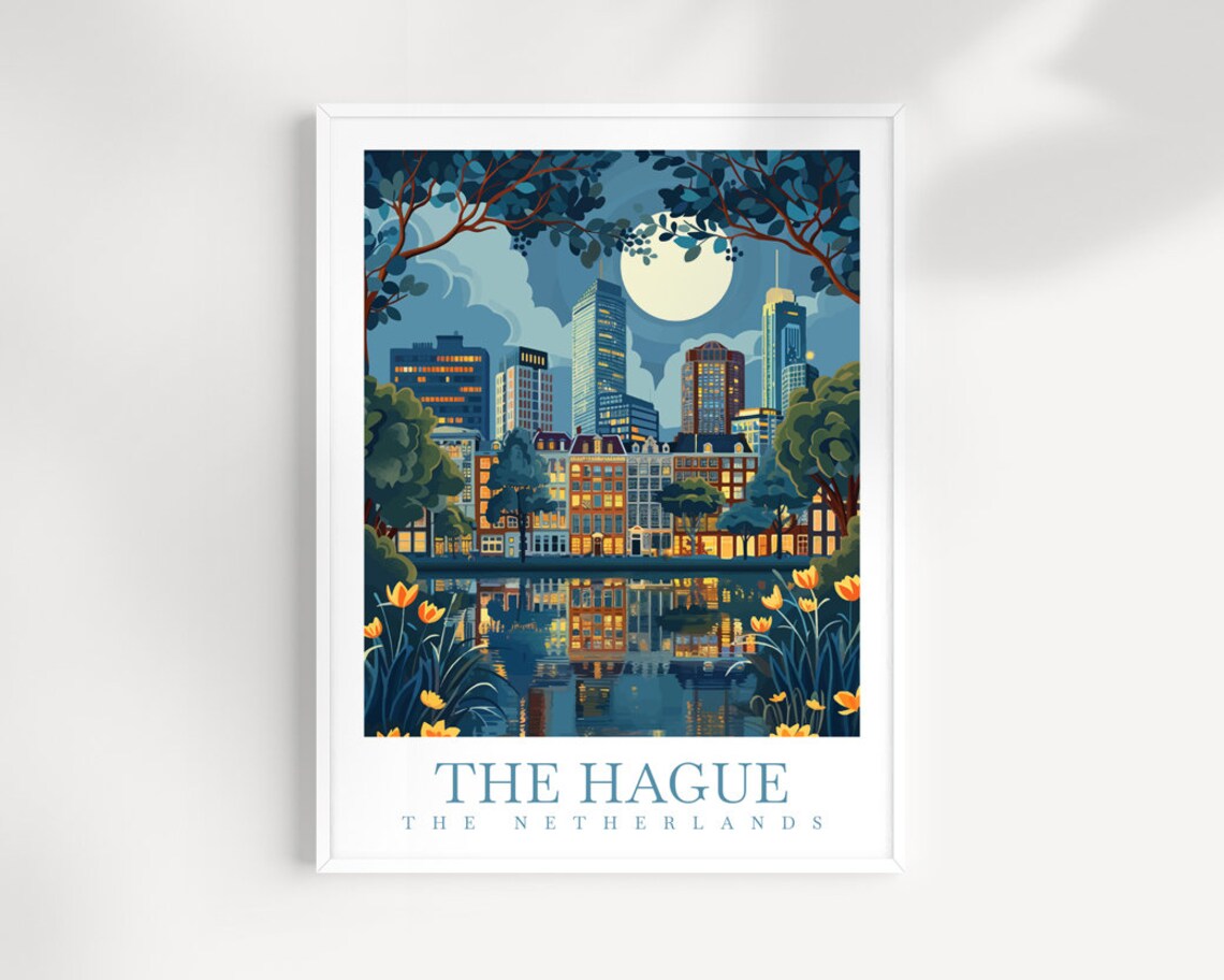 The Hague Netherlands Moonlight Print Canal Bridge Tulips Night Art
