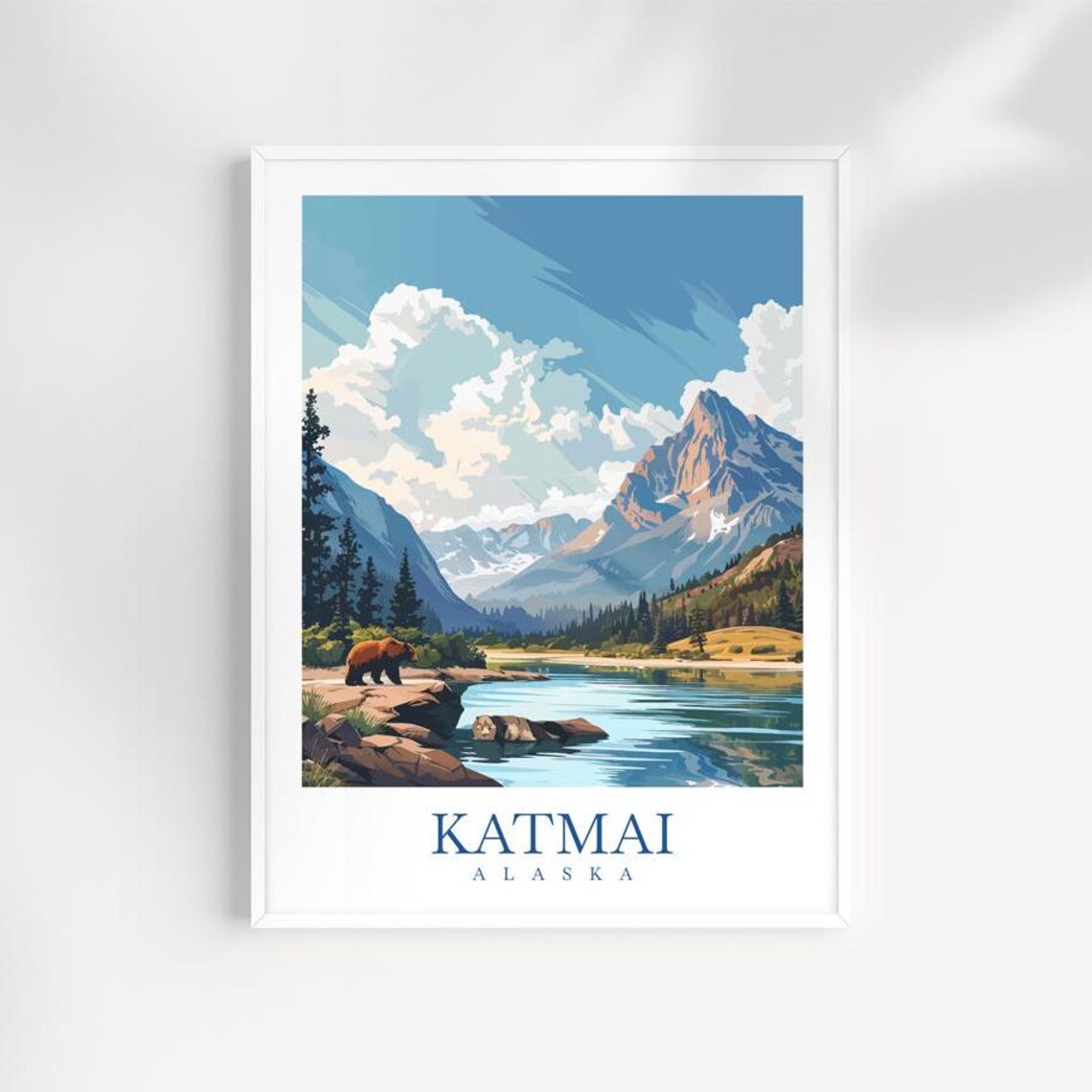 Katmai Alaska Brown Bear Illustrated Lake Mountain Travel Poster