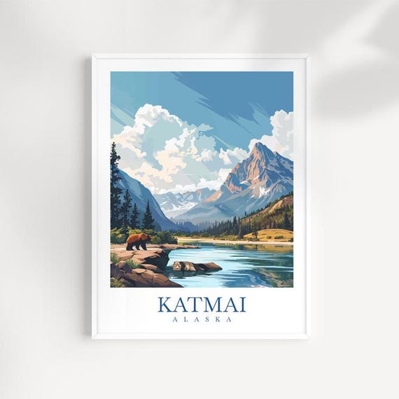 Katmai Alaska Art Print Illustrated Bear Wildlife Landscape