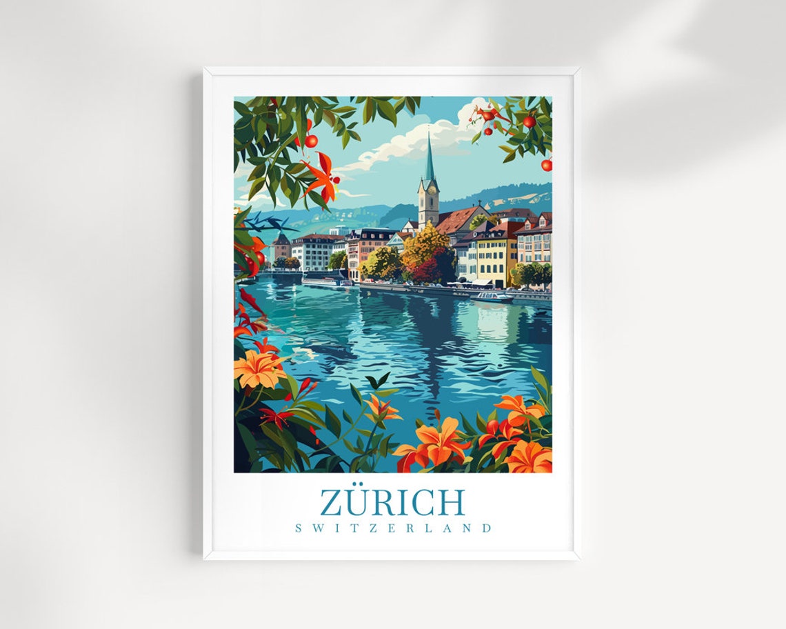 Zurich Switzerland Autumn Lakeside Church Tower View Scene Poster