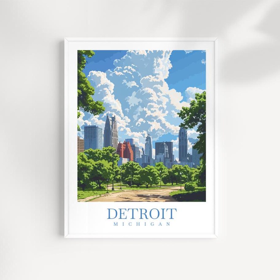 Detroit Michigan Downtown Skyline Park Summer Day Vintage Travel Print