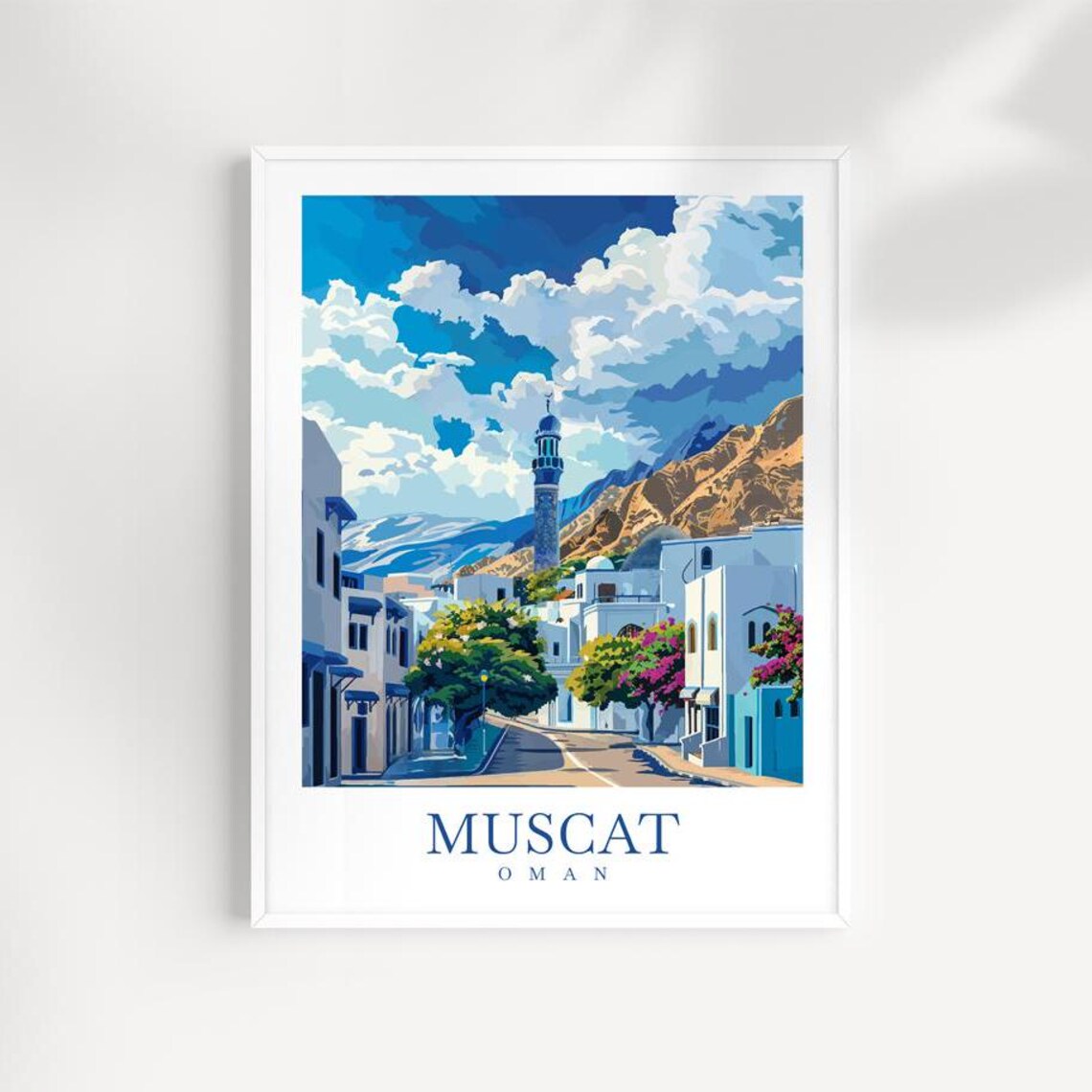 Muscat Oman Whitewashed Street Minaret Mountain View Travel Poster