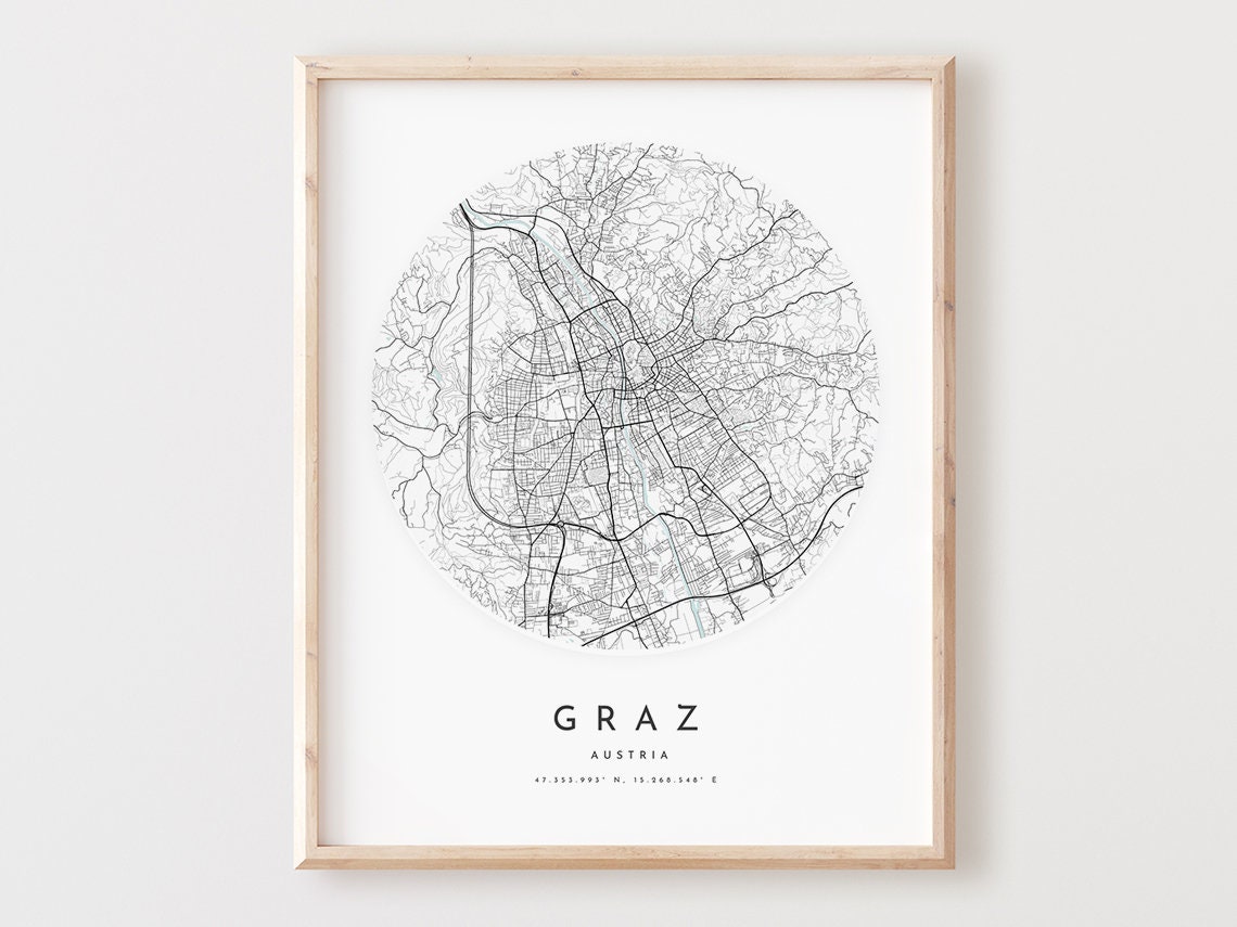 Graz Austria Minimalist City Street Map Poster With Coordinates