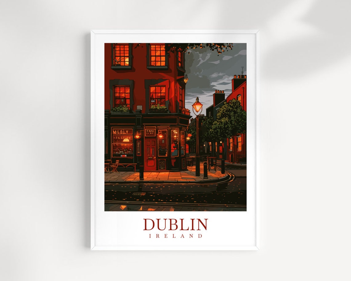 Dublin Ireland Night Pub Corner Glowing Windows Street Poster