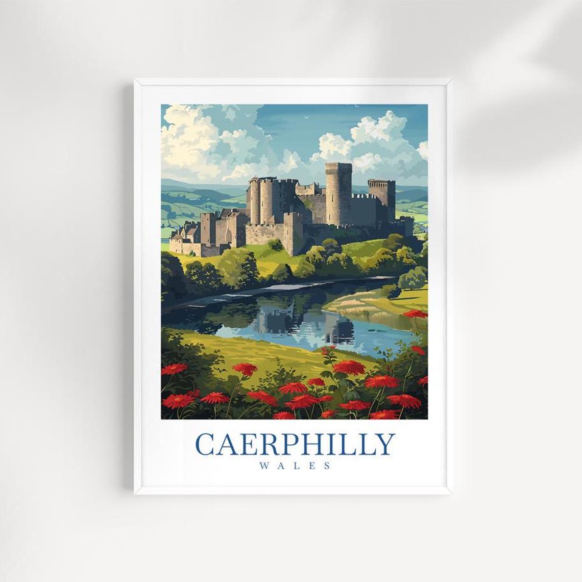 Caerphilly Castle Wales Riverside Travel Illustration Poster