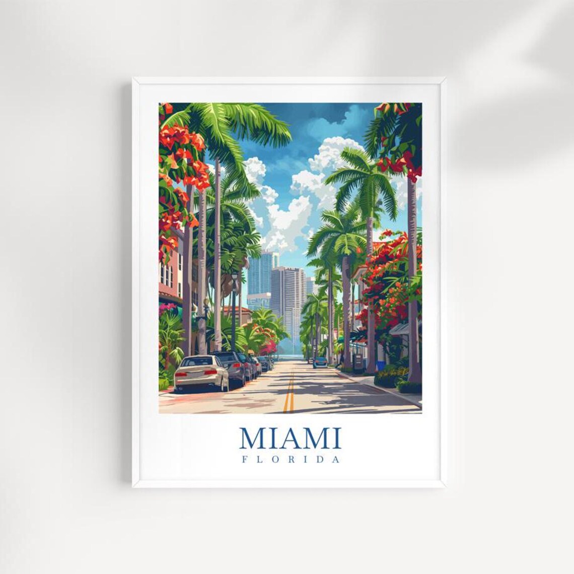 Miami Florida Palm Tree Lined Street City Skyline Travel Art Poster