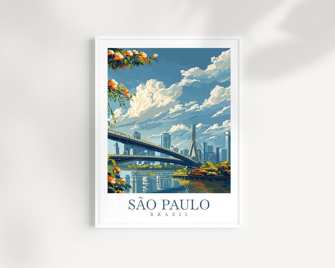 Sao Paulo Brazil Cable Stayed Bridge Skyline Daytime Travel Art Poster