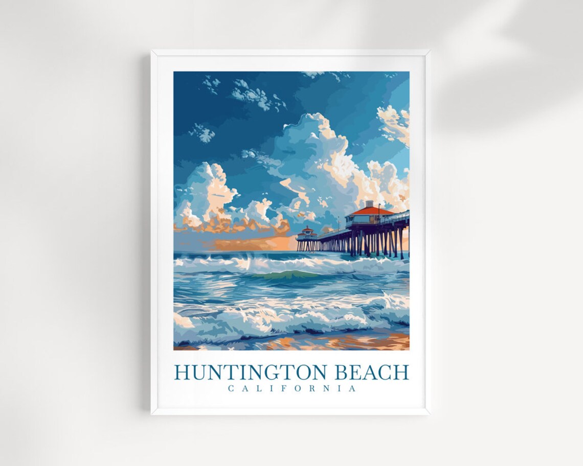 Huntington Beach California Pier Surf Waves Clouds Travel Poster