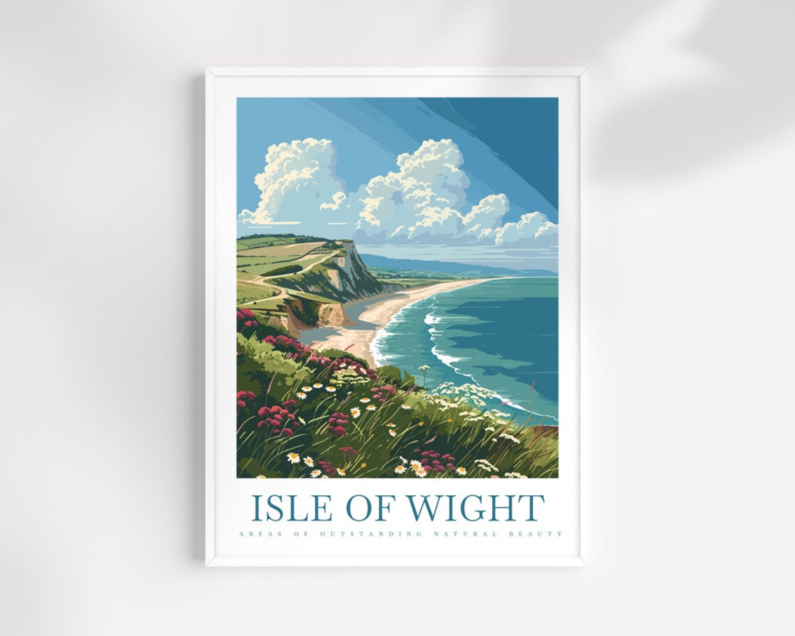 Isle of Wight England Coastal Cliffs Wildflowers Travel Poster