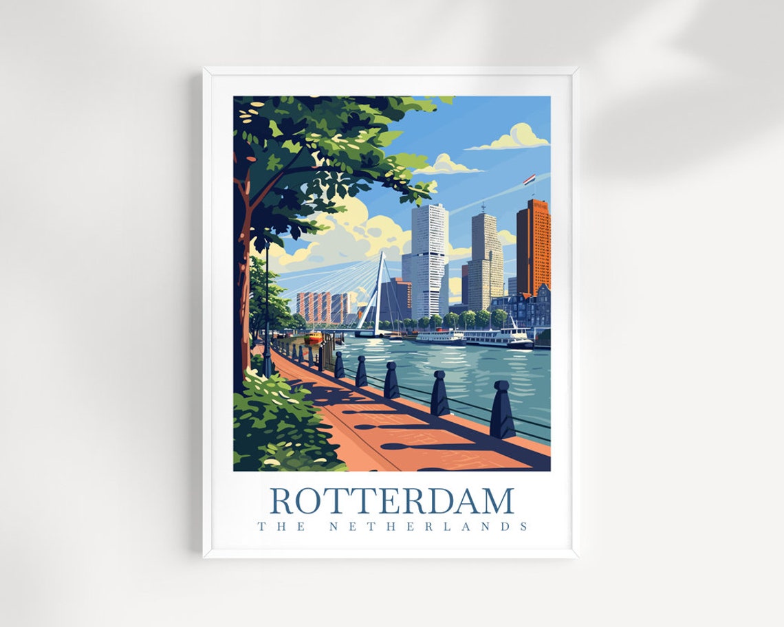 Rotterdam Netherlands River Skyline Modern Bridge Travel Poster