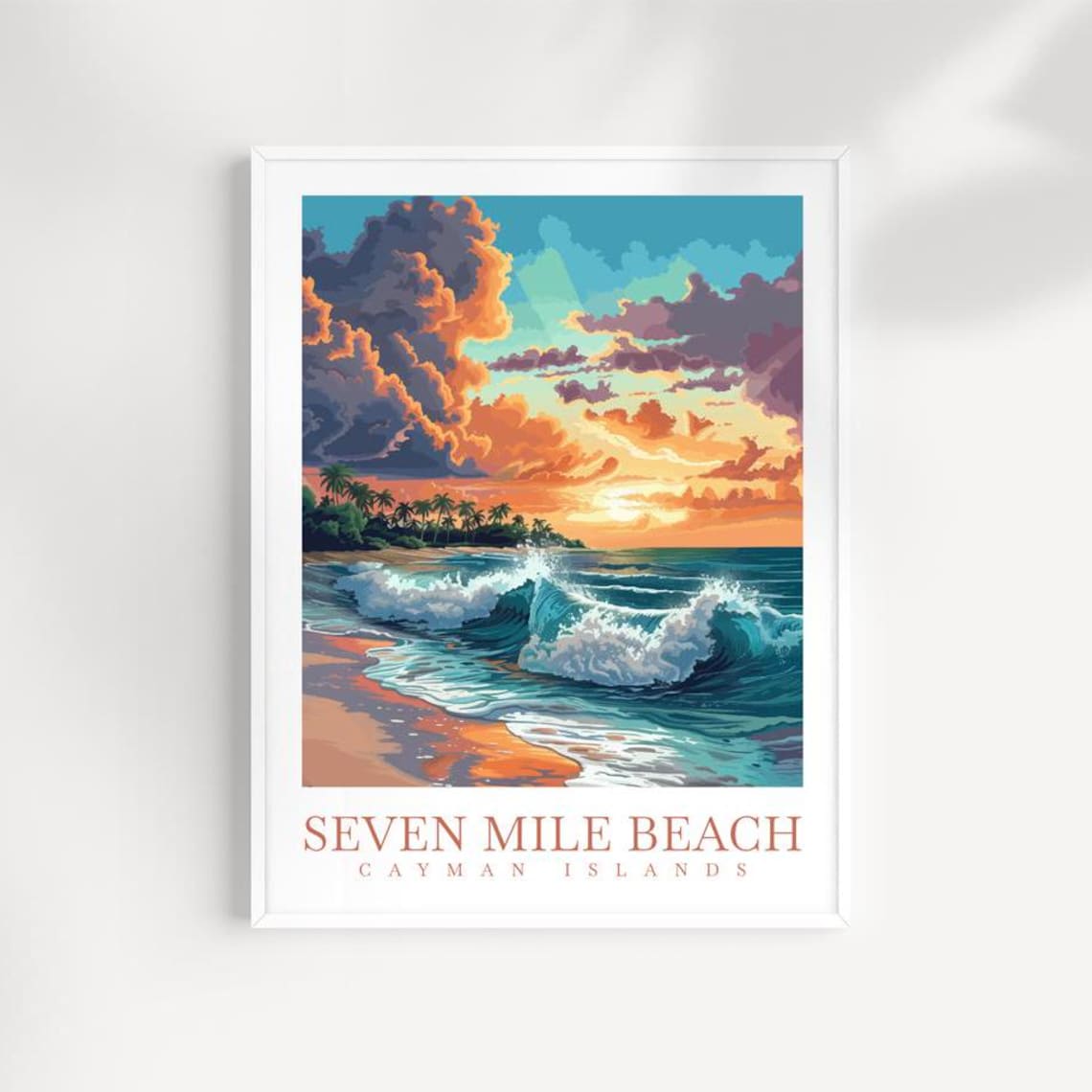Seven Mile Beach Cayman Islands Sunset Ocean Waves Travel Poster
