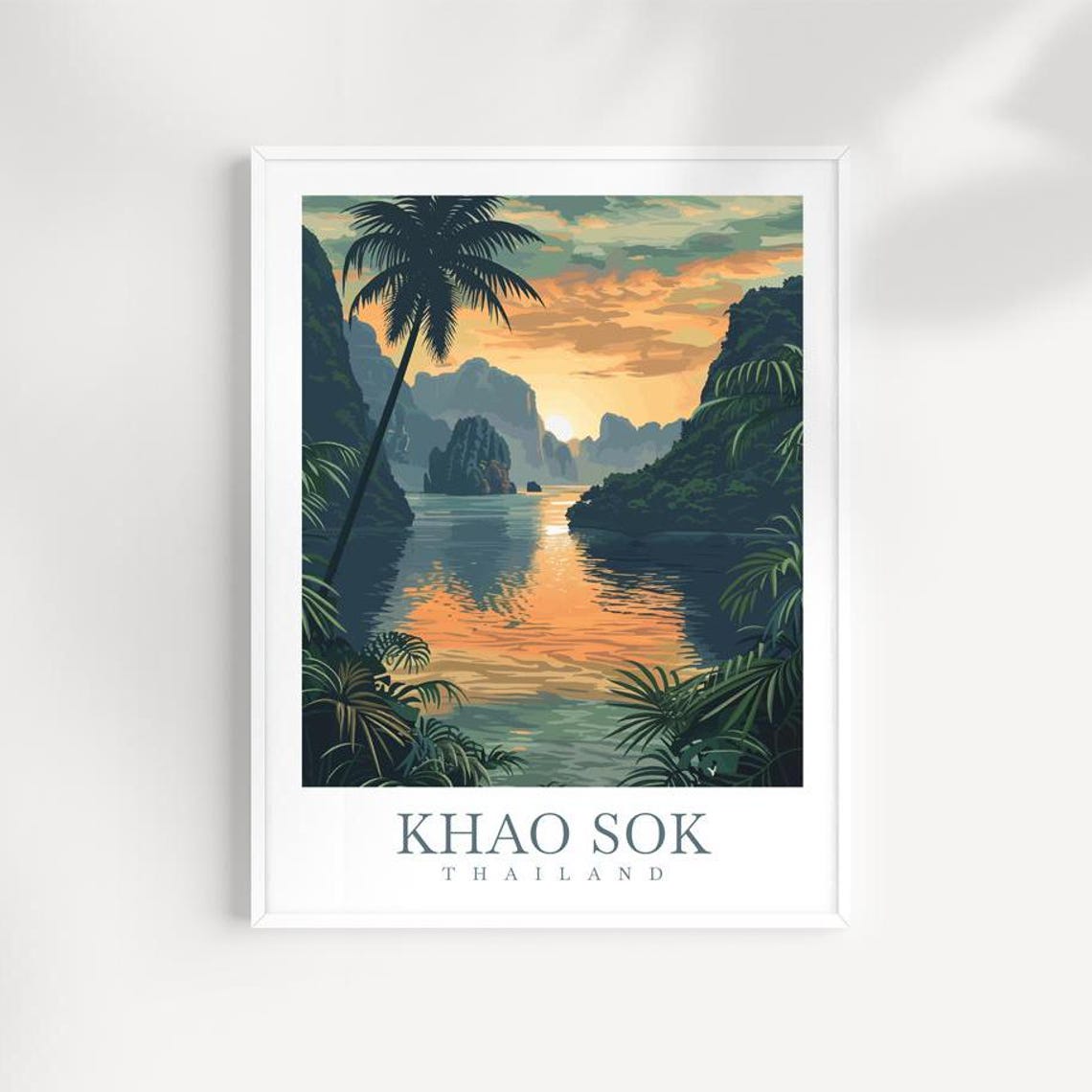 Khao Sok Thailand Sunset Lagoon Between Cliffs And Palms Poster