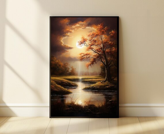 Autumn Golden Tree Over Moonlit Creek Tranquil Landscape Poster
