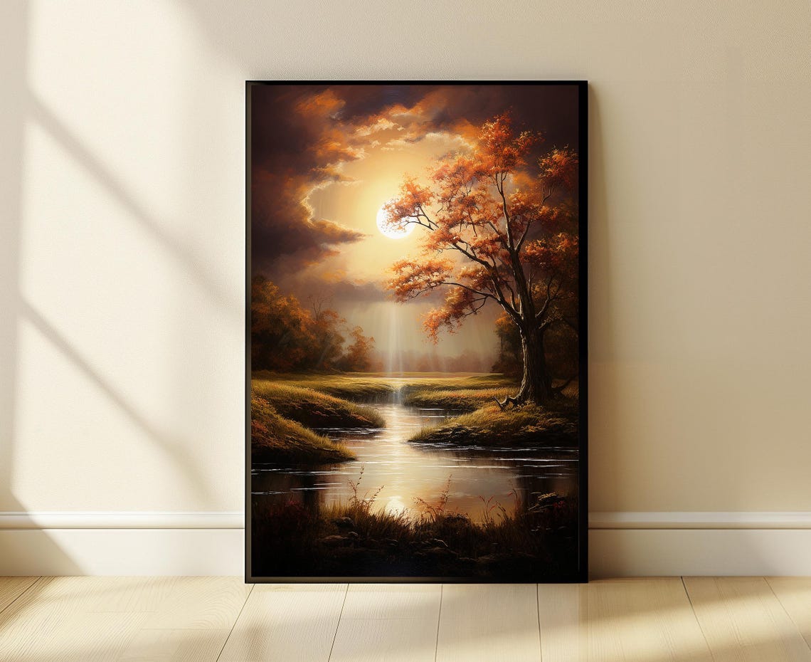 Autumn Golden Tree Over Moonlit Creek Tranquil Landscape Poster