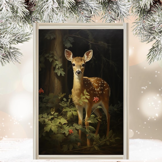 Sweet Spotted Fawn Standing in a Dark Woodland Forest Poster