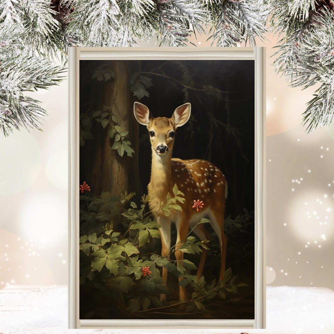 Sweet Spotted Fawn Standing in a Dark Woodland Forest Poster