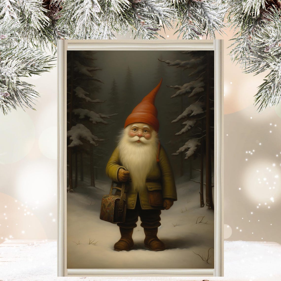 Cute Christmas Gnome in Snowy Winter Forest Holiday Art Poster