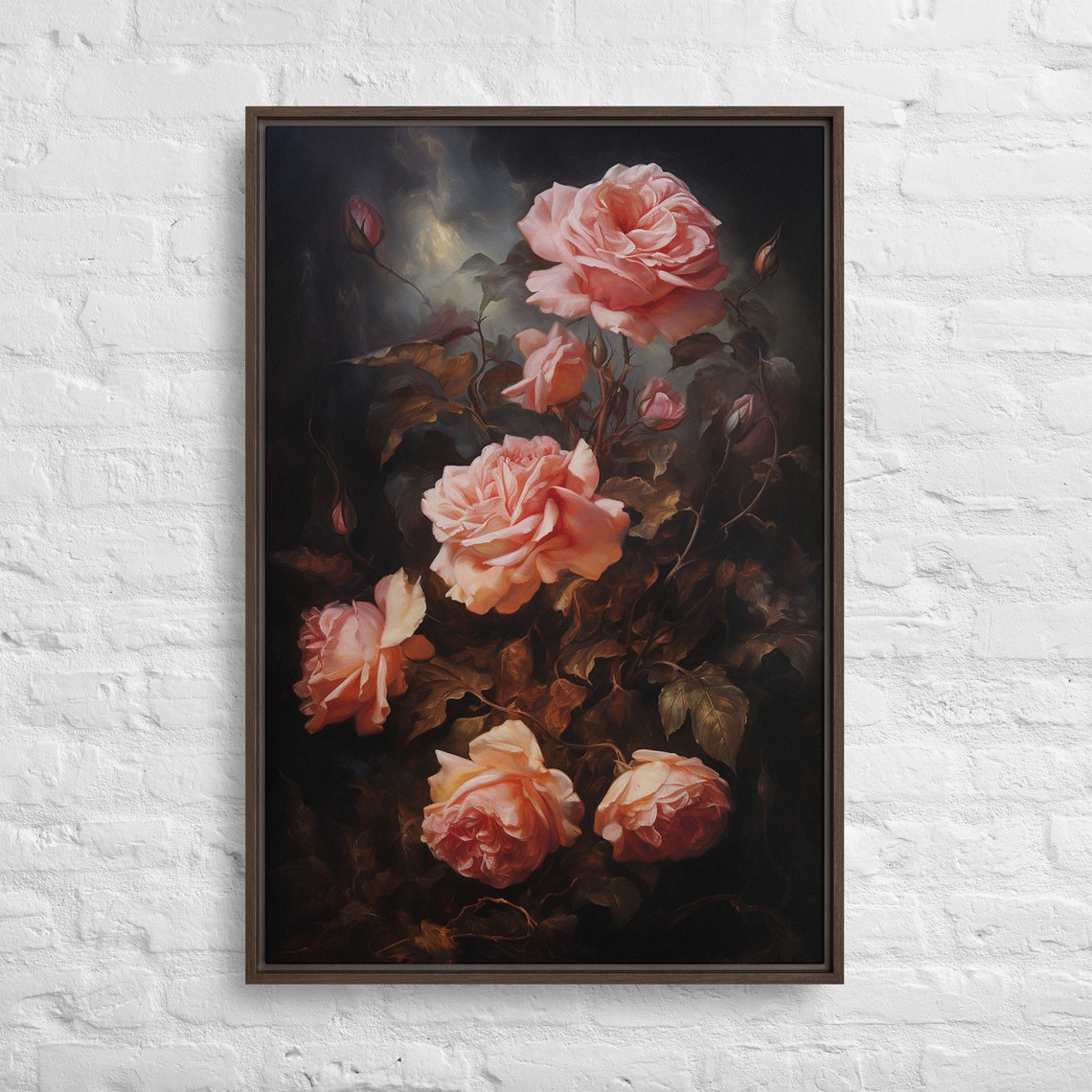 Moonlit Blush Roses Oil Painting Poster on Dark Moody Background