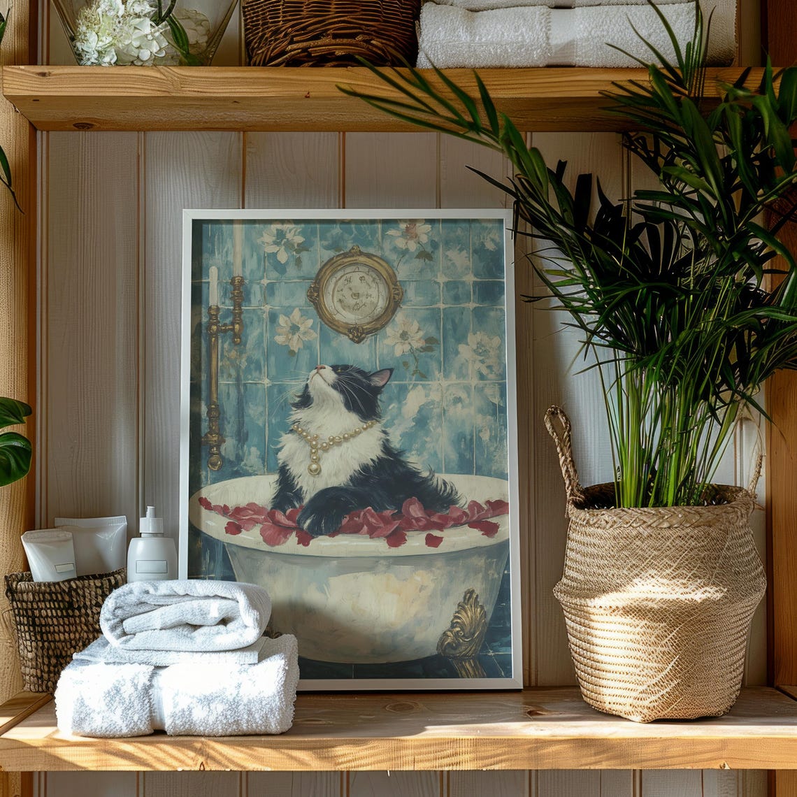Elegant Cat Bathtub Rose Petals Vintage Funny Bathroom Poster - Image 3