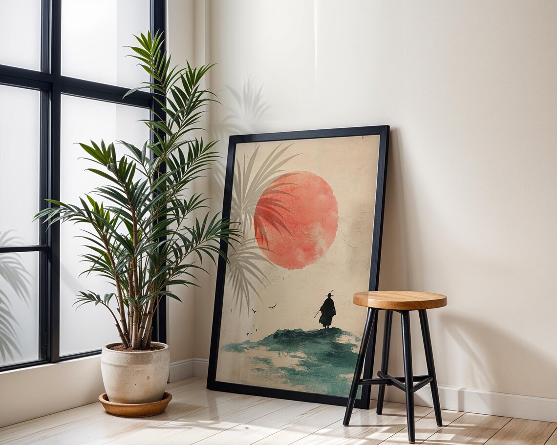 Red Sun Lonely Traveler Art Print Minimalist Japanese Silhouette - Image 3