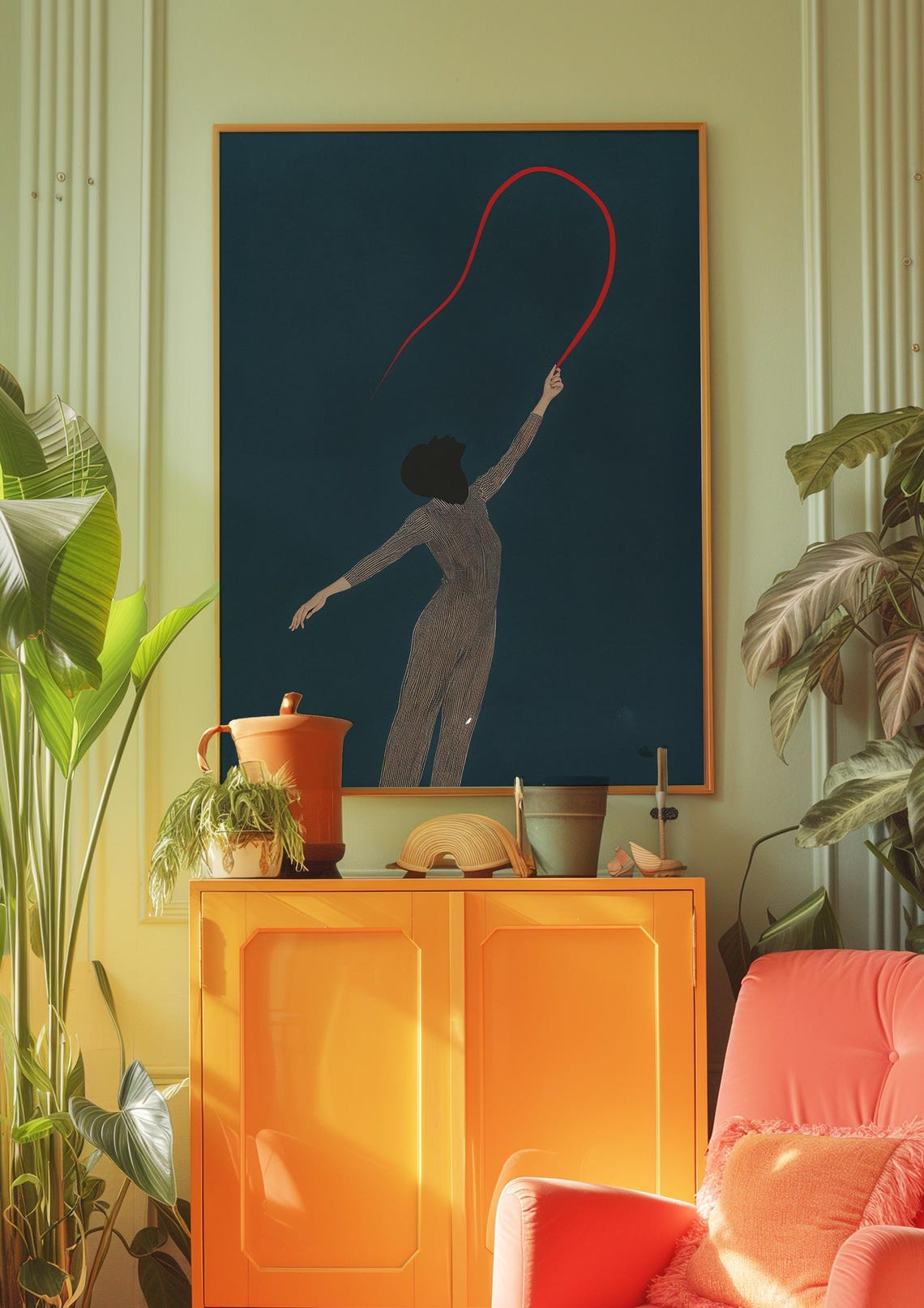 Red Ribbon Dancer Minimalist Dark Teal Elegant Movement Poster - Image 4