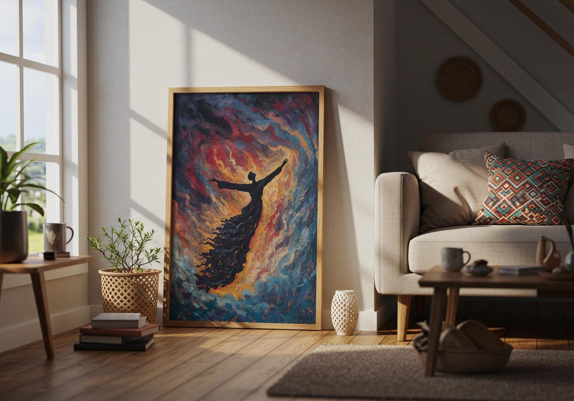 Fiery Silhouette Figure Swirling Red Blue Dramatic Wall Poster - Image 3