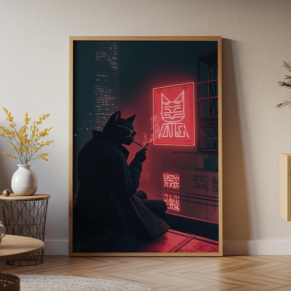 Cyber Noir Cat Detective Neon Sign Red Street Cool Feline Art Poster
