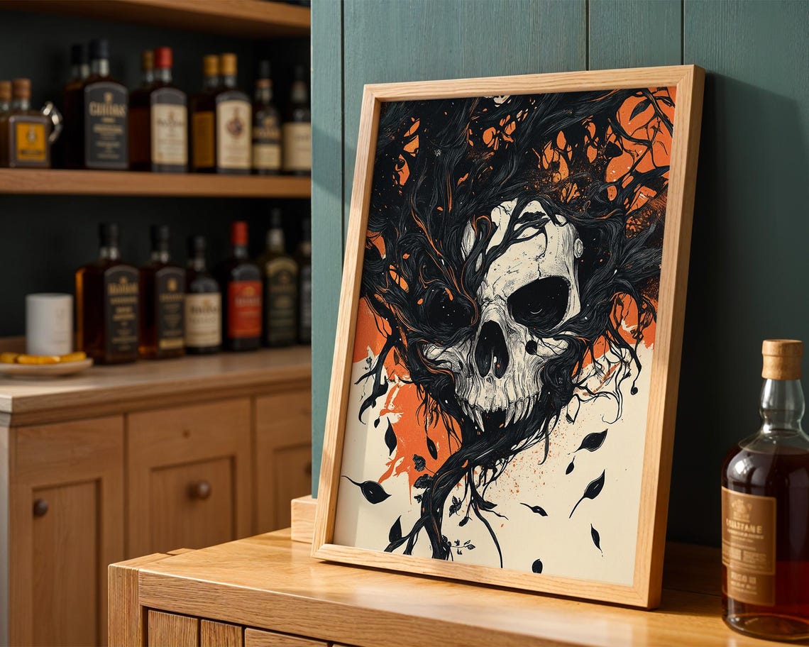 Skull Thorny Branch Dark Art Poster Orange Halloween Gothic Decor - Image 3