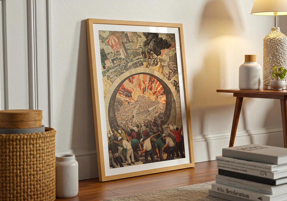 Industrial Workers Revolution Mural Style Labor Crowd Rising Sun Vintage Wall Art - Image 2