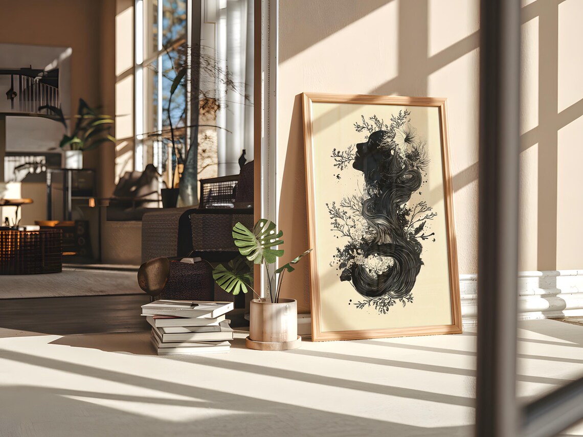 Black White Woman Silhouette Floral Hair Ethereal Nature Art Poster - Image 2