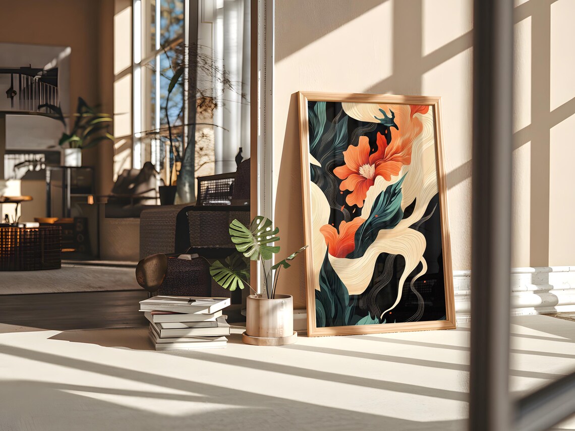 Orange Blossom Flowing Petals Dark Botanical Modern Floral Art Poster - Image 2