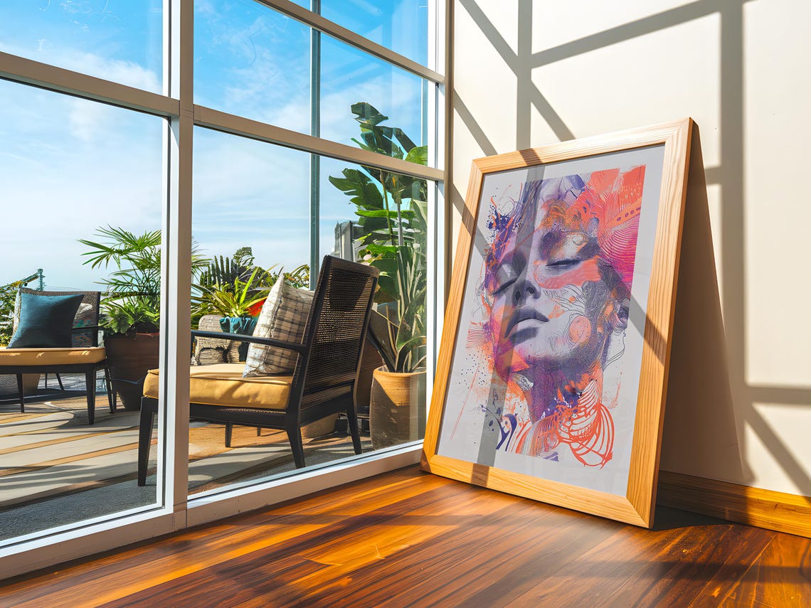 Neon Splash Woman Face Art Poster Coral Purple Expressive Decor - Image 2