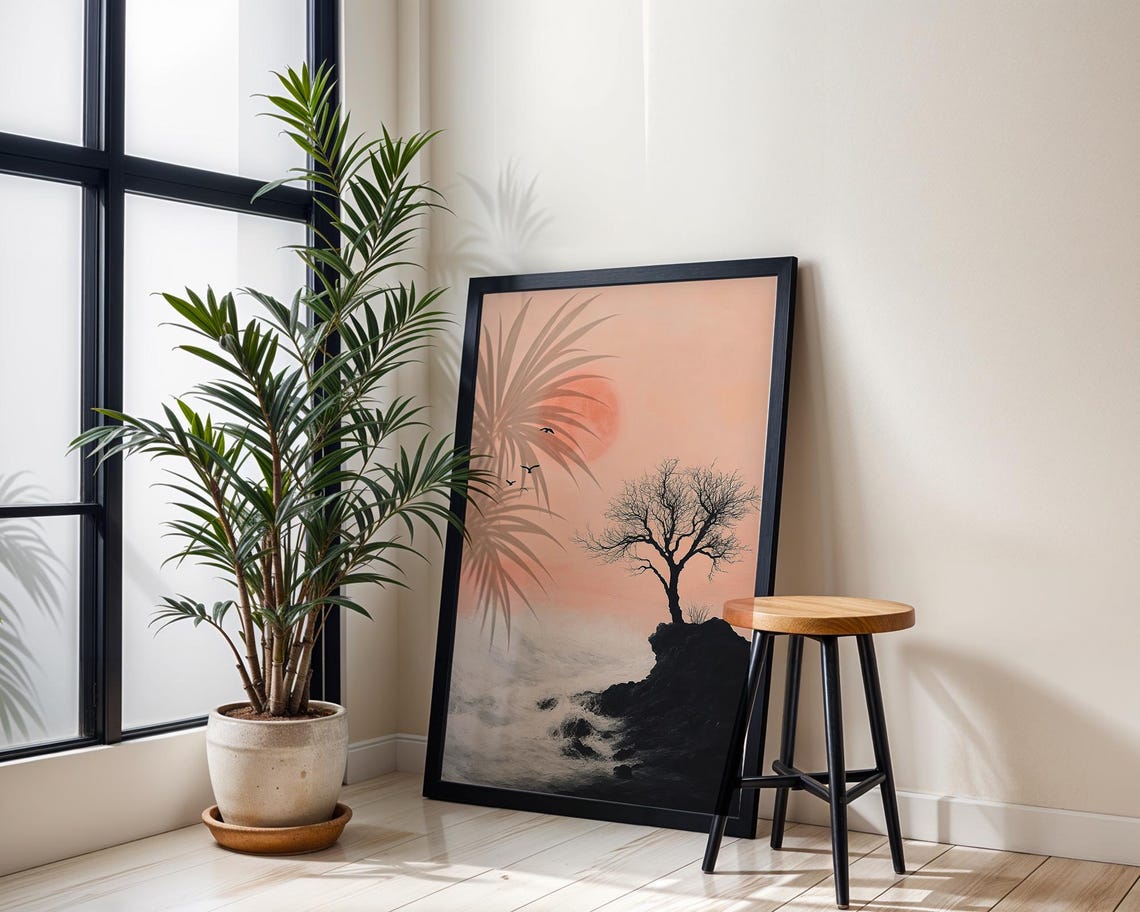 Lone Bare Tree Pink Moon Birds Dreamy Night Landscape Wall Poster - Image 3