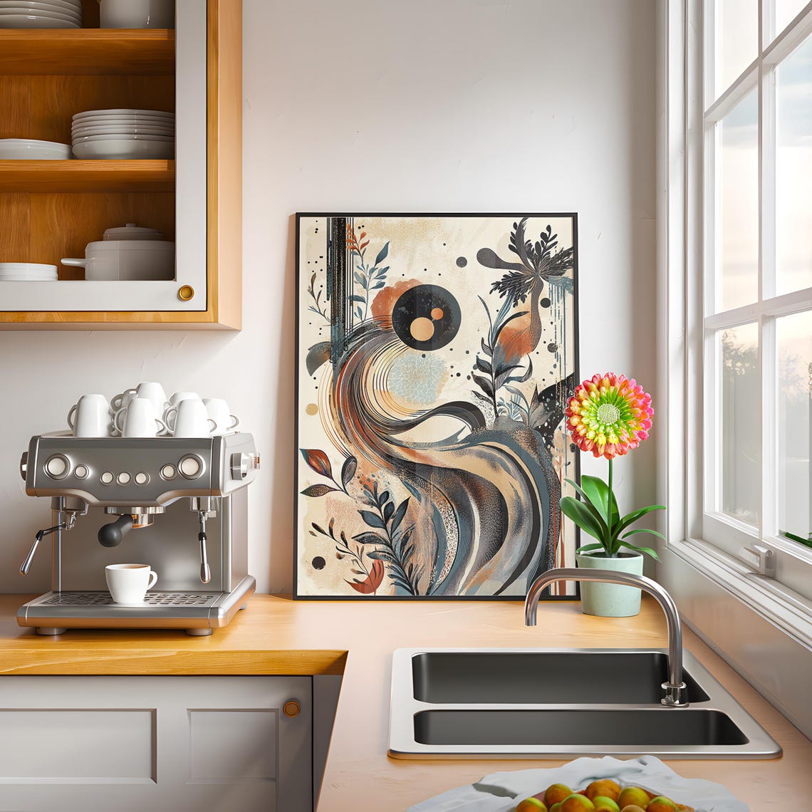 Swirling Wave Botanical Abstract Art Print Black Copper Moon - Image 3