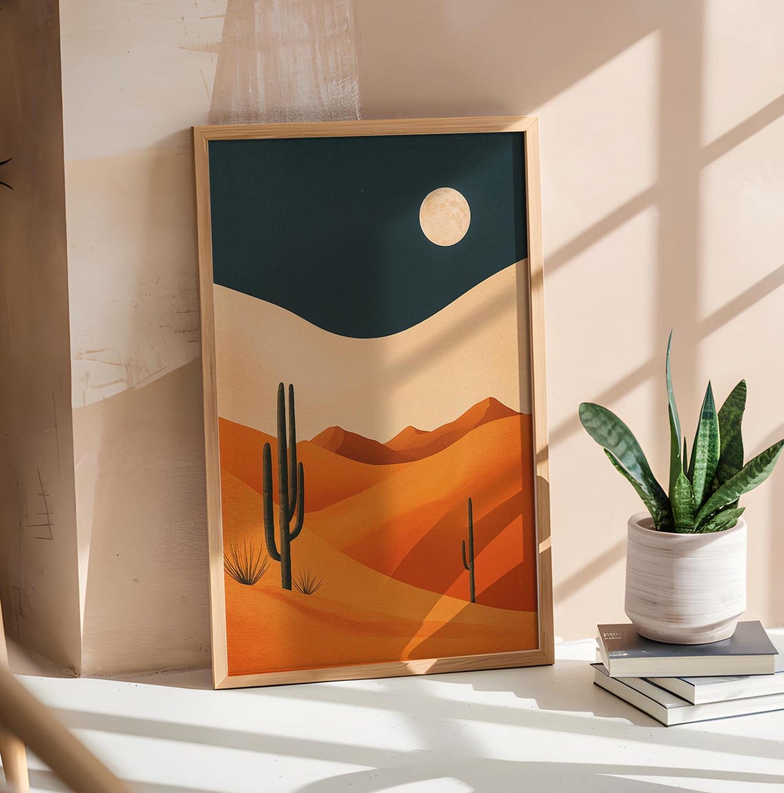 Minimalist Orange Dunes Teal Night Moon Modern Desert Poster