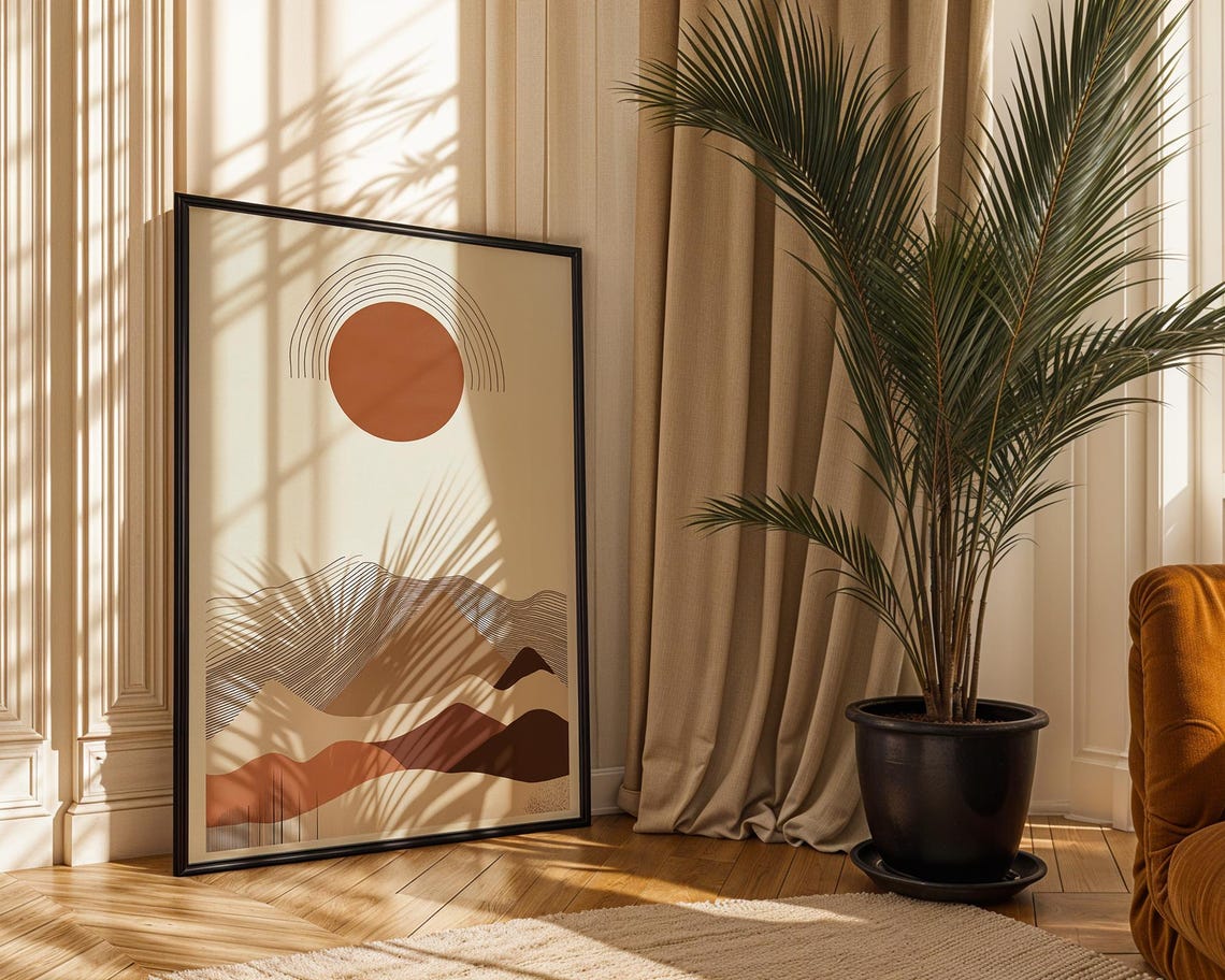 Minimalist Mountain Sun Abstract Landscape Japandi Earthy Art Print - Image 2