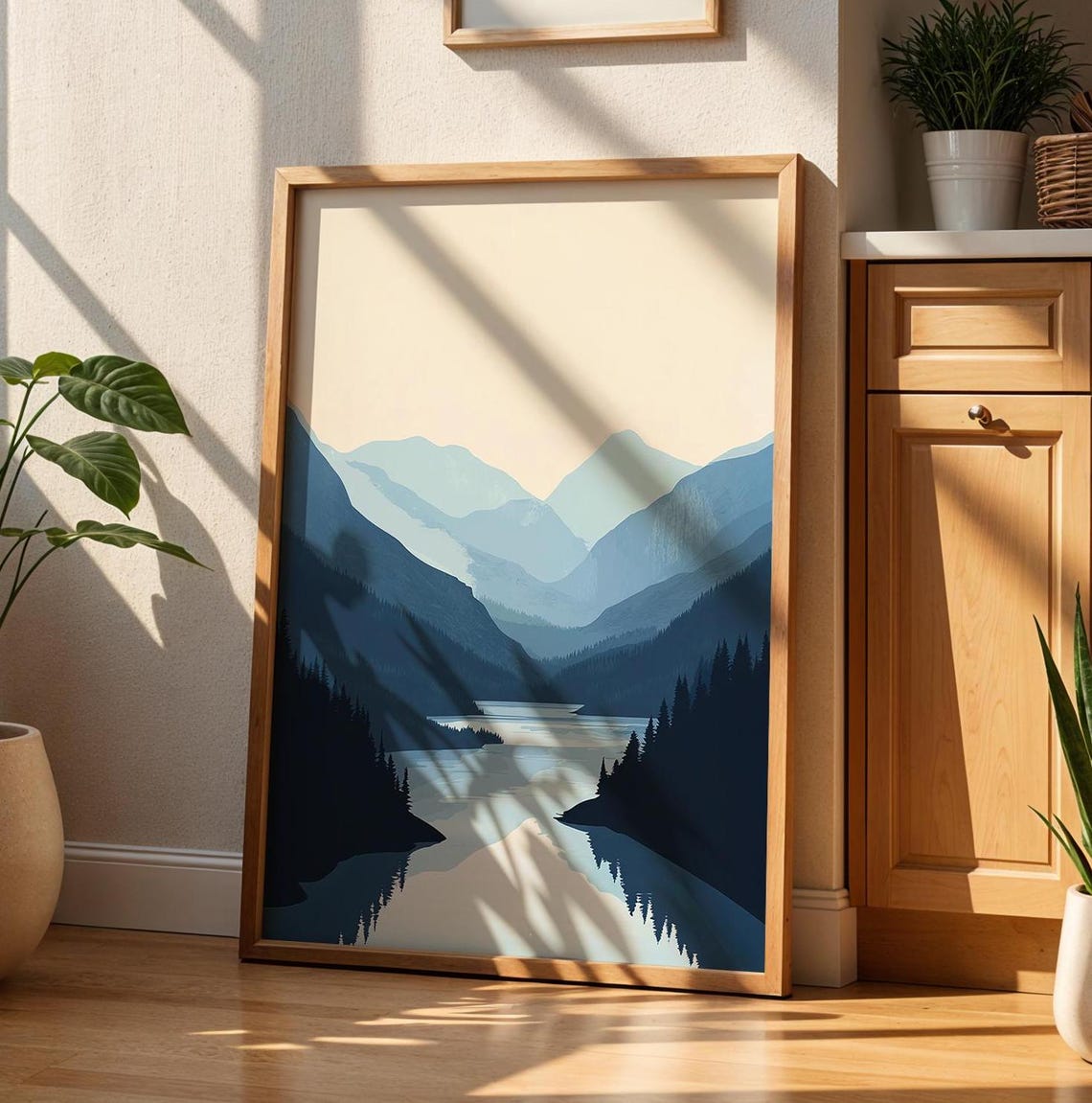 Minimalist Mountain Lake with Mirror Reflection in Blue Tones Poster