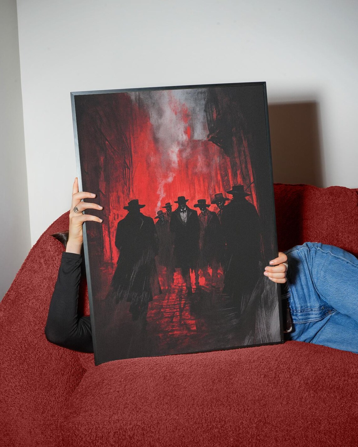 Crimson Alley Noir Gang Silhouette Dark Red Retro Crime Scene Poster