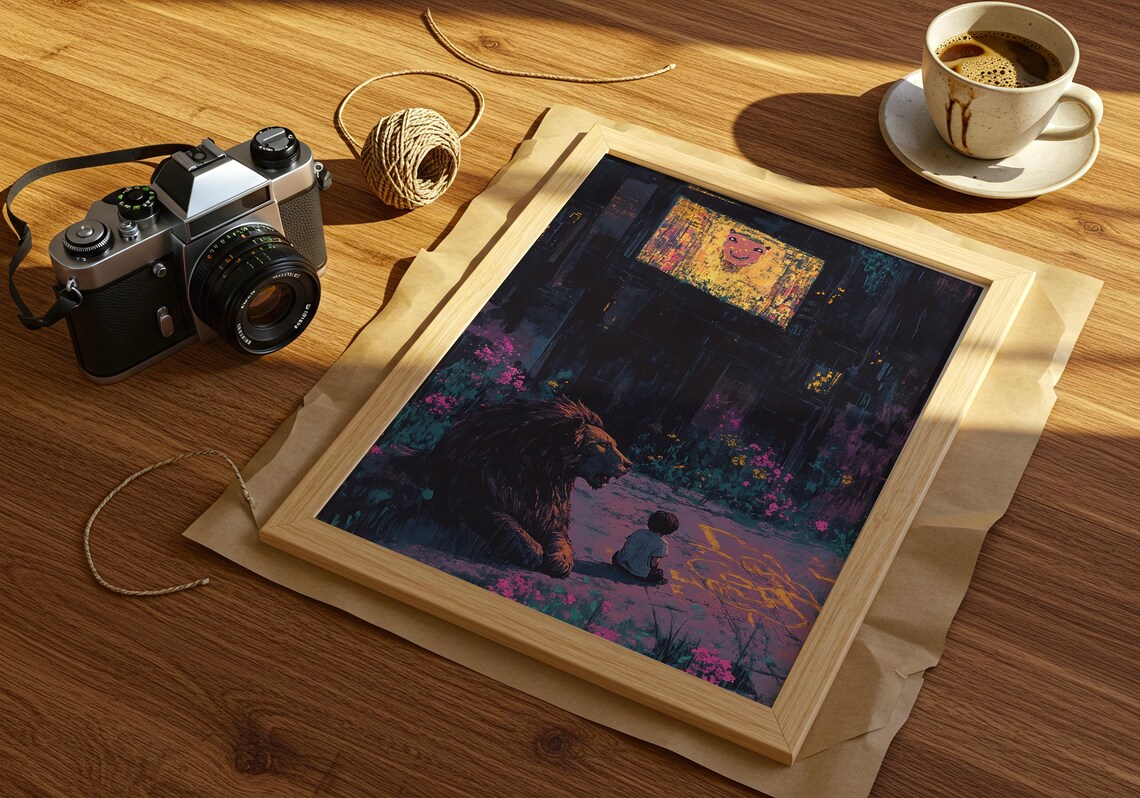 Gentle Lion and Little Child on a Neon Night City Street Poster - Image 2