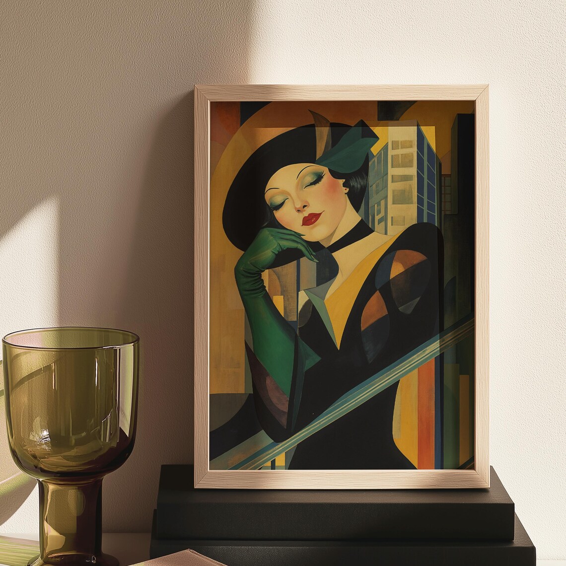 Art Deco Glamour Woman Green Gloves Cloche Hat Geometric City Portrait Wall Art - Image 5