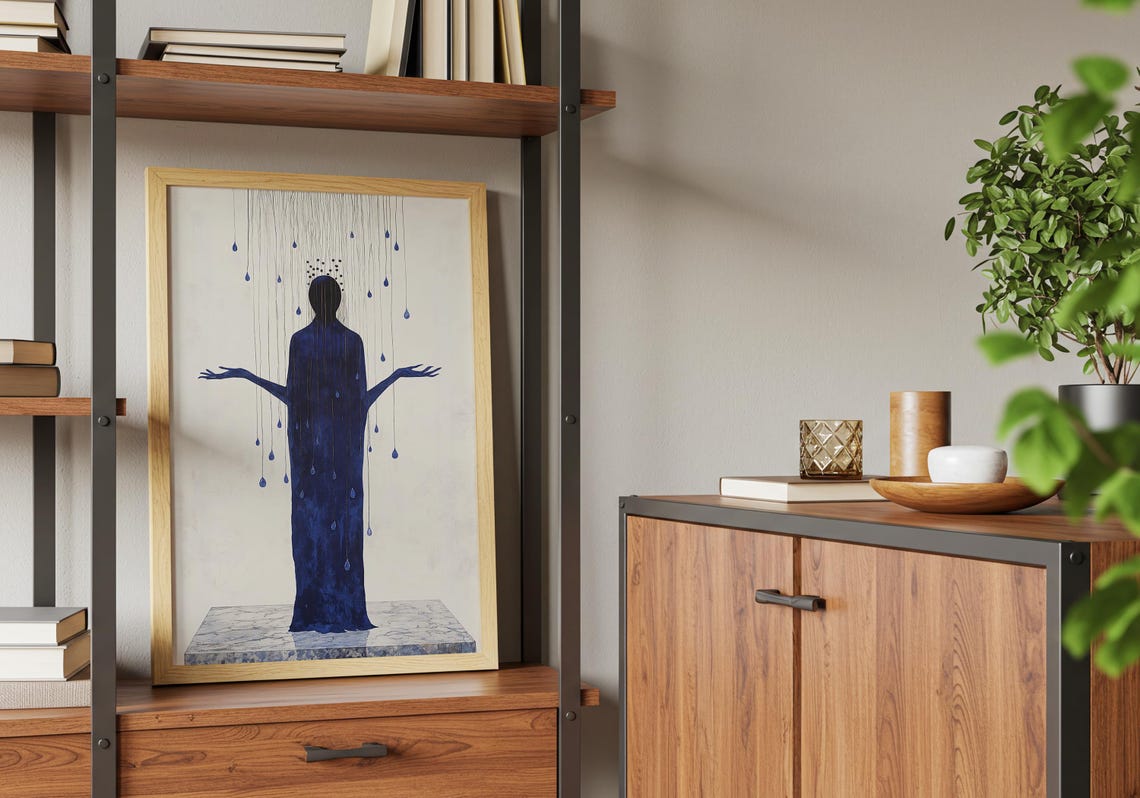 Blue Silhouette Figure Gentle Rain Minimalist Emotional Poster - Image 4