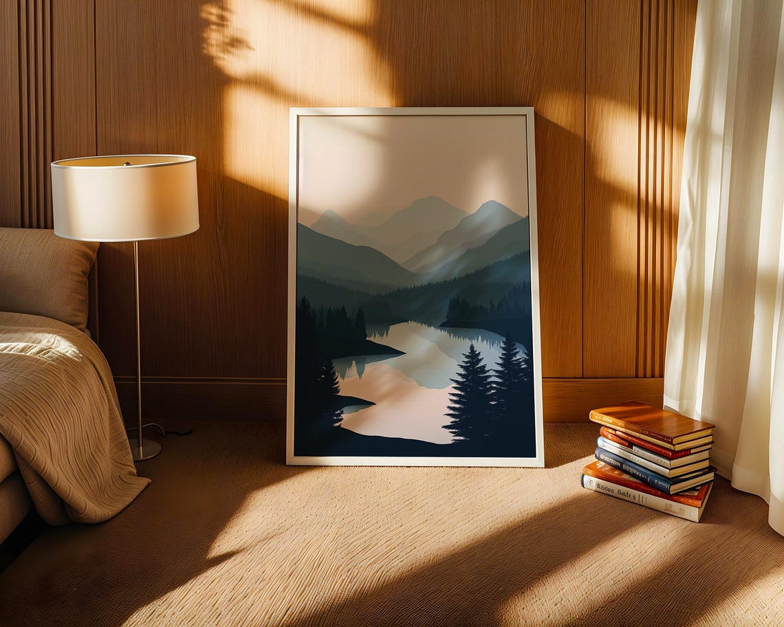 Misty Pine Forest Valley with Calm Lake Mirror Reflection Poster - Image 3