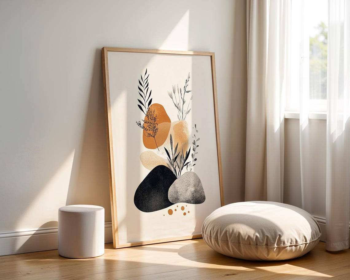 Terracotta Botanical Abstract Art Print Black Leaves Boho Wall Decor - Image 5